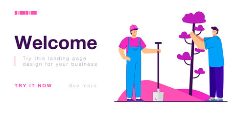 Male friends planting tree together. Man in hardhat and uniform with shovel, guy with plant flat vector illustration. Nature, ecology, environment concept for banner, website design or landing page