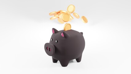 Schwarzes Sparschwein mit Münzen mit weissem Hintergrund