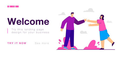 Man and woman running towards each other. Couple of male and female characters greeting flat vector illustration. Meeting of friends, love concept for banner, website design or landing web page