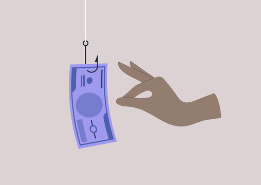 A Hand Reaching Out To A Paper Banknote Hanging On A Hook, Online Scam, Phishing Activity