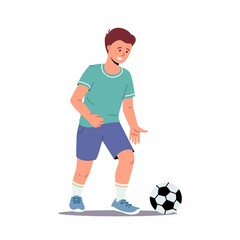 Kids football. Sportsman child character play soccer. Little boy practicing skills, enjoying football game, kid prepare for school tournament