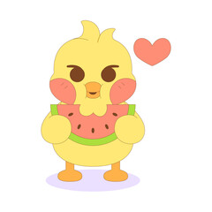 Isolated chick cartoon character eating a watermelon Vector illustration