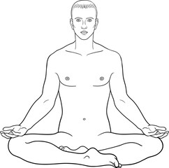 Man sitting in a lotus position front view, male anatomy vector illustration