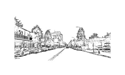 Building view with landmark of Monterey is the city in California. Hand drawn sketch illustration in vector.