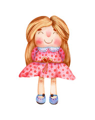 Watercolor doll illustration. Cute baby, girlie, girl in pink dress and gold hair for greeting cards, kids souvenirs design, birthday decorations