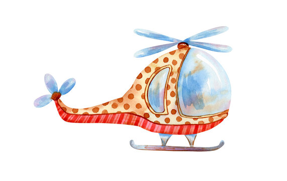 Watercolor helicopter illustration. Cute cartoon toy in bright colours for greeting cards, kids souvenirs, printing