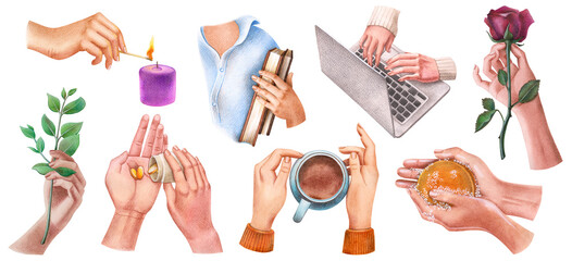 Fototapeta na wymiar Set of hands holding things. Design for postcards, shop, logo. Hand drawn illustrations