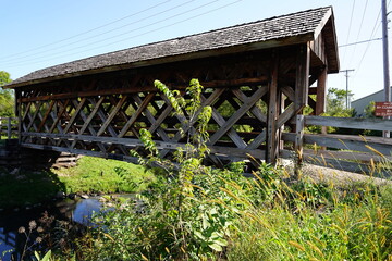 Fototapeta na wymiar Wooden bridge over a small stream during the early fall season.