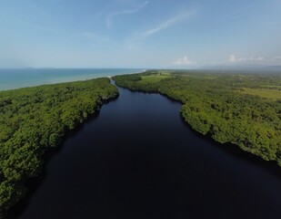 Aerial bird's eye view photo taken by drone of a lagoon in Honduras. Jutiapa Honduras. Laguna de Cacao, Honduras