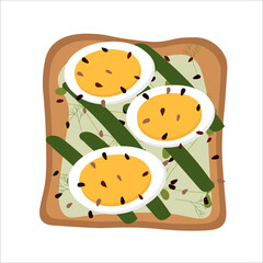 toast with boiled egg, asparagus sprinkled with sesame seeds for breakfast. vector flat