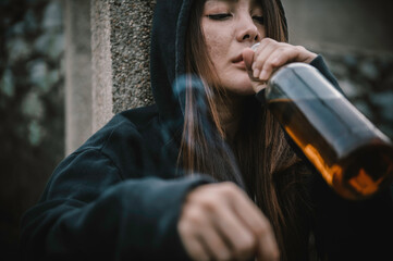 Portrait of addict drug asian woman,alcoholic woman concept