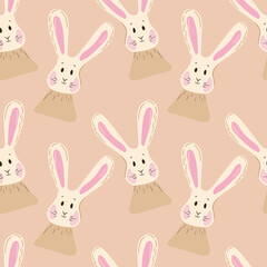 Lovely Bunnies. Childish Seamless vector pattern in flat style. Illustration in gentle pastel colors. Hand-drawn animal hares. Design for fabric, wallpaper, background