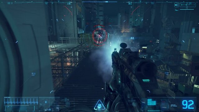 Fake Sci-Fi First Person Shooter. Cyberpunk style. HUD. Lens flares. 3D videogame. part 1/2.