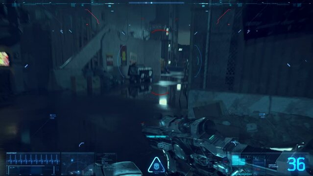 Fake Sci-Fi First Person Shooter. Cyberpunk style. HUD. Lens flares. 3D videogame. part 2/2.
