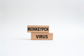 Monkeypox virus symbol. Concept word Monkeypox virus on wooden blocks. Beautiful white background. Medicine and Monkeypox virus concept. Copy space