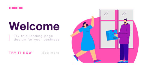 Postman or deliveryman giving parcel to woman who in a hurry to receive it. Courier delivering order to customers home flat vector illustration. Delivery service, shipment, logistics concept