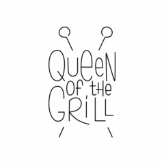 Barbecue tools with handwritten lettering sign Queen of the grill. Editable stroke. Vector stock illustration isolated on white background for design packaging, logo, party, menu in restaurant. 