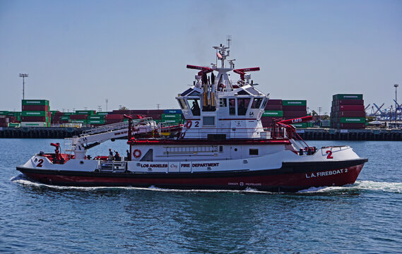 Los Angeles, California USA - April 24 2022: Los Angeles Fire Department Fireboat 2, the Warner L. Lawrence, reverses course in the Port of Los Angeles. Flagship emergency vessel in the Port.