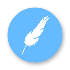 Feather flat icon. Stylized white feather on blue background. Best for mobile apps, social media, highlights and web design.
