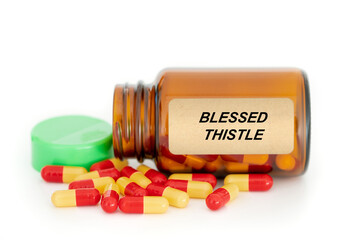Herbs medical concept Food supplement, Herbal medicine in capsules from plants Blessed Thistle