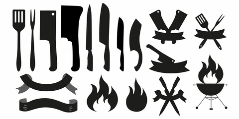 Logo constructor for barbecue, grill party logo set. Vector stock illustration isolated on white background for design packaging, logo, menu in restaurant, butcher shop. 