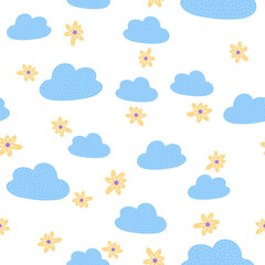 Flowers and cloud seamless pattern. Scandinavian style background. Vector illustration for fabric design, gift paper, baby clothes, textiles, cards.