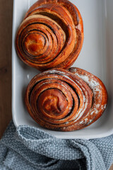 Delicious sweet cinnamon buns, top view