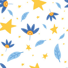 Flowers, leaf and star seamless pattern. Scandinavian style background. Vector illustration for fabric design, gift paper, baby clothes, textiles, cards.