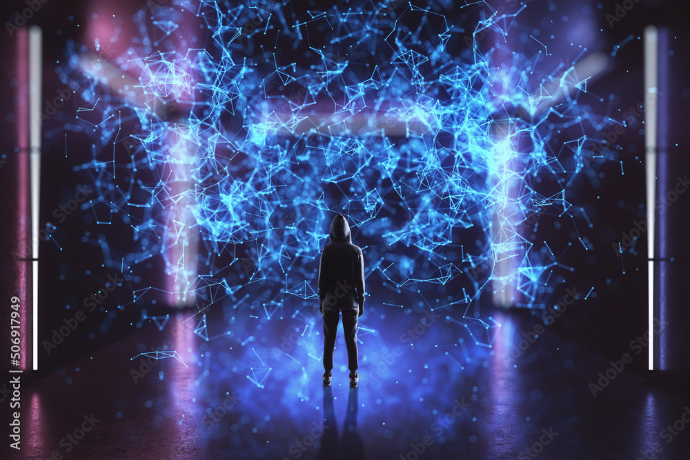 Aufkleber virtual reality, cyberspace and metaverse concept with back view on human in hoody looking at virtua