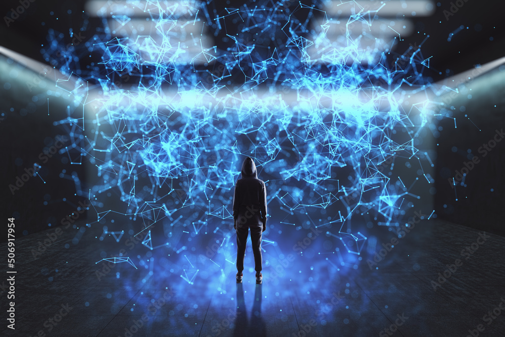 Poster Future technology and cyberspace concept with back view on human silhouette in front of abstract digital metaverse screen on dark background with glowing lamps on top