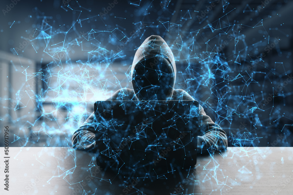 Aufkleber Personal data theft and hacking concept with abstract digital metaverse wallpaper and dark hacker in hoody silhouette using laptop on abstract dark office background, dpuble exposure