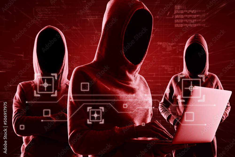 Poster red shadows faceless hackers in hoody using laptop and abstract virtual technological symbols, perso