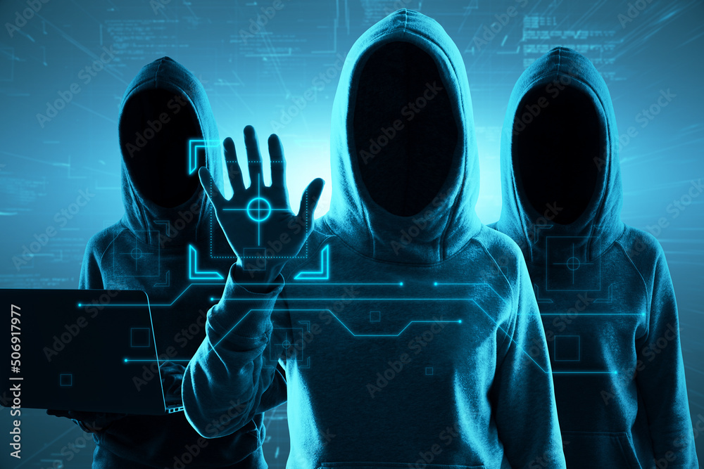 Aufkleber Hacking attack and internet security concept with faceless hackers in hoody using laptop and touching virtual screen with identification button on blue background