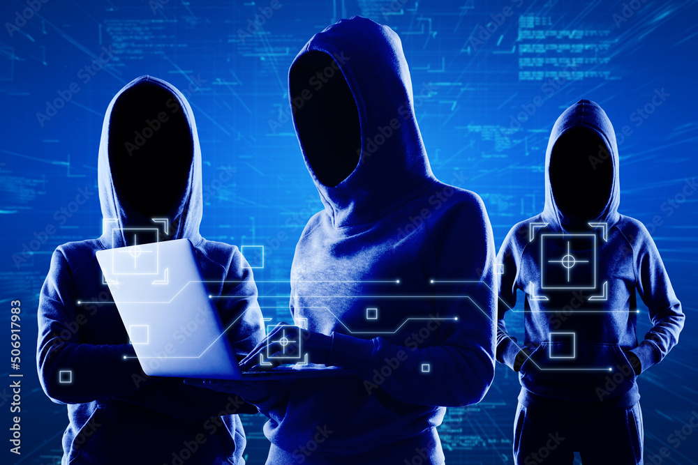 Poster Cyber protection and internet system hacking concept with blue shadows faceless hackers in hoody using laptop and abstract virtual technological symbols