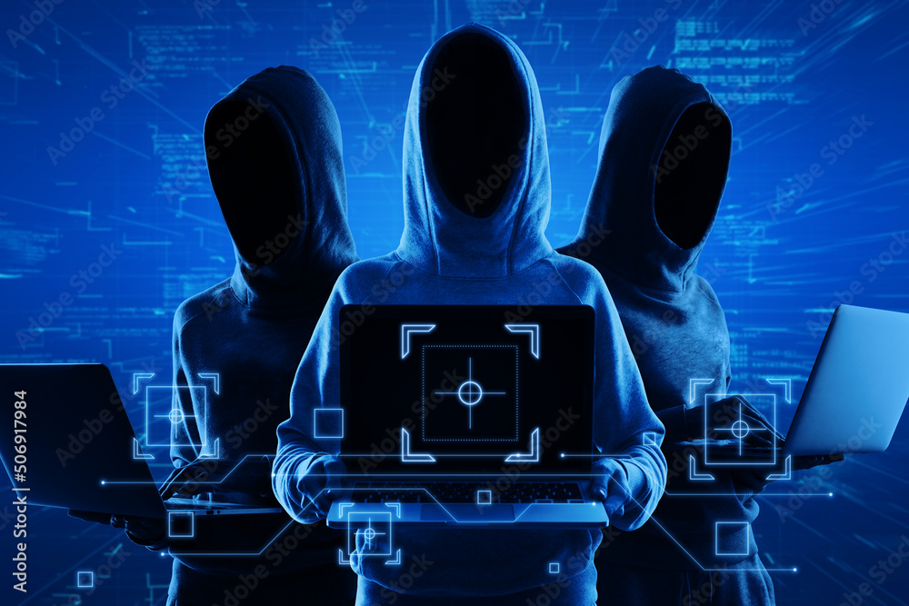 Poster Internet security and personal data theft concept with blue shadows faceless hackers in hoody using laptop and abstract virtual technological symbols