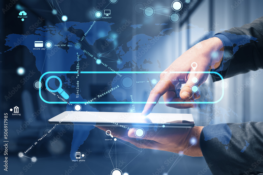 Poster Internet data search and global information network concept with man finger touches digital tablet screen and digital search bar on world map background