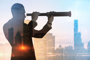 Business development and personal growth concept with businessman silhouette looking through a spyglass at city skyline background on sunset, double exposure