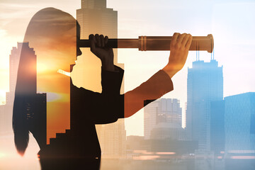 Looking for profitable business in the future and personal growth concept with young woman silhouette with spyglass on megapolis city background on sunset, double exposure