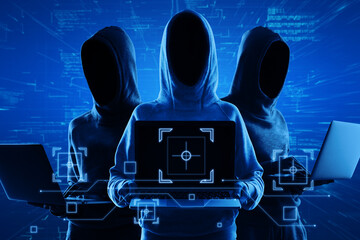 Internet security and personal data theft concept with blue shadows faceless hackers in hoody using...