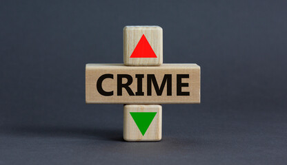 Crime rate symbol. A wooden cubes with up arrow. Wooden block with the concept word Crime....