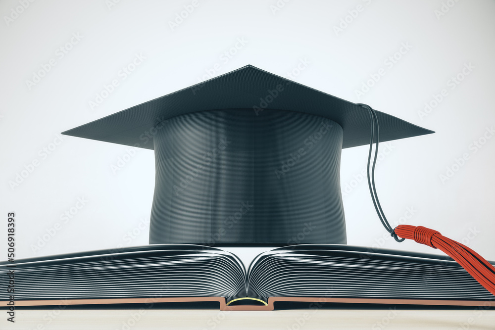 Poster university graduation and diploma degree concept with black mortarboard hat on opened book. 3d rende