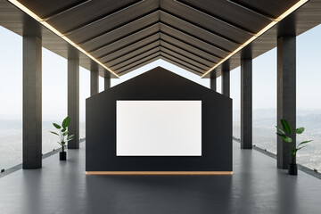 Front view on blank white poster on dark polygonal partition opened empty terrace high above the city with concrete dark columns, wooden roof and green plants in black pots. 3D rendering, mockup