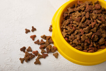 Dry cat food in a yellow bowl on a cement background. Vitamins and nutrients for good health and energy of pets.Copy space.