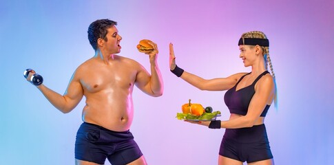 Fat man chooses between burger and fitness with dumbbells. Trainer girl tells him stop and gives...