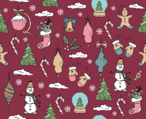 Christmas pattern in sketch style. Hand drawn illustration.