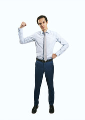 Buiness leader concept with young man in white shirt raising his hand to show his power on white background