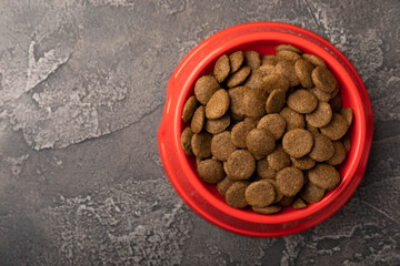 Dry dog food in a red bowl on a cement background. Vitamins and nutrients for good health and energy of pets.Copy space.