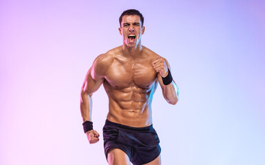 Runner concept. Athlete sprinter running on light background. Fitness and sport motivation. Trail run.