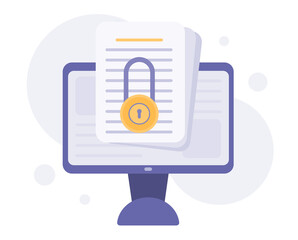 Secure confidential document online access with private lock. Electronic safety doc data padlock symbol. Cartoon minimal style.	