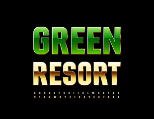 Vector advertising sign Green Resort. Elegant Golden Font. Modern artistic Alphabet Letters and Numbers